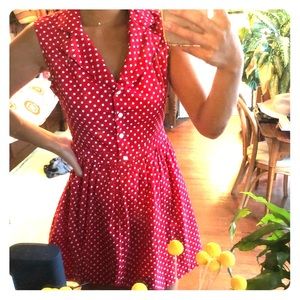Red and white polka dot button up mini dress